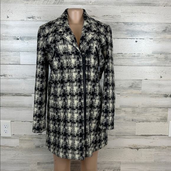 Kenneth Cole Moto Style Plaid Wool Blend Full Zip Knee Length Coat Women’s Small - Picture 1 of 11